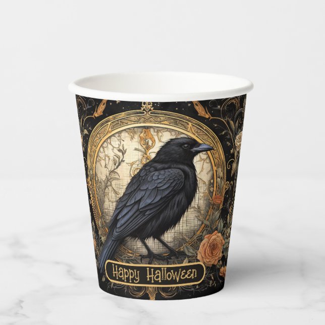 Halloween-Party Evil Black Crow Orange Blume Pappbecher (Vorderseite)