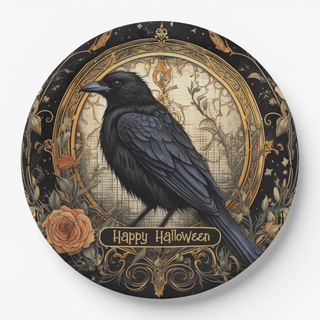 Halloween-Party Evil Black Crow Orange Blume Pappteller (Vorderseite)