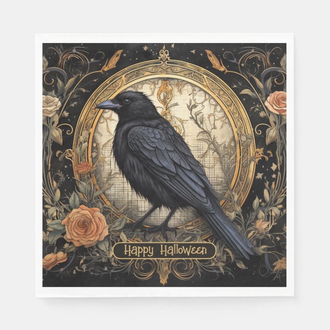 Halloween-Party Evil Black Crow Orange Blume Serviette (Vorderseite)
