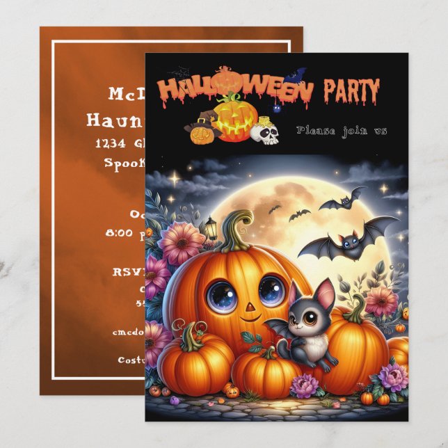 Halloween-Party Farbige & Editierbare Einladung (Vorne/Hinten)