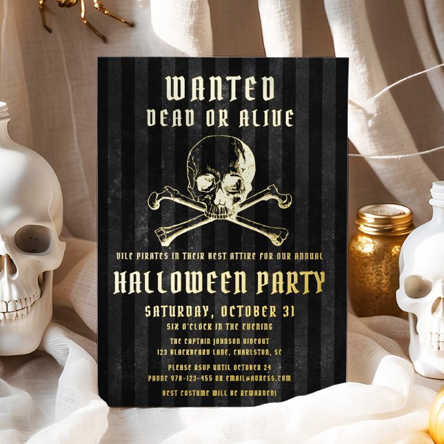 Halloween-Party Folieneinladung (Black Pirate Skull & Bones Halloween Party Gold Foil Invitation)
