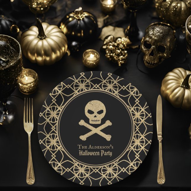 Halloween-Party für handgezogenes Skull-Gold-Glitz Pappteller (Von Creator hochgeladen)