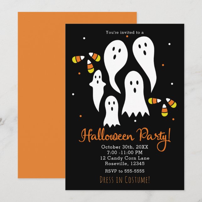 Halloween-Party Ghosts & Candy Mais Schwarzes Oran Einladung (Vorne/Hinten)