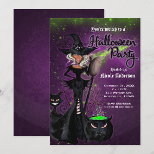 Halloween-Party Glam Hexe in Black Green Lila Einladung