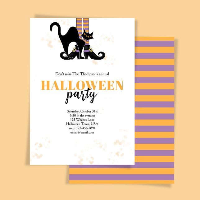 Halloween-Party Hexe Schwarze Katze Whimsical Einladung (Whimsical Halloween party invitation with a witch and black cat.)