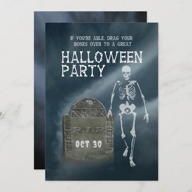 Halloween Party invitation Skeleton and Tombstone Einladung (Vorne/Hinten)