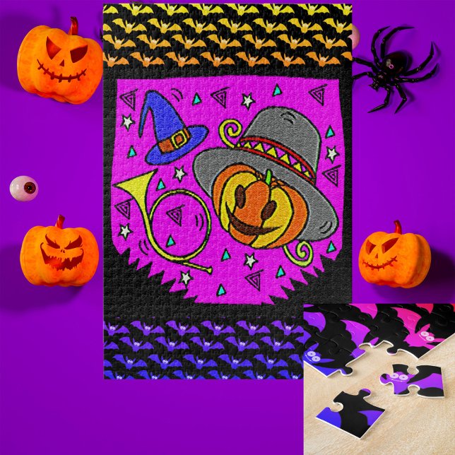Halloween-Party Jack O'Lantern Bugle Lila Groß Puzzle (Halloween Party Jack O'Lantern Bugle Purple Large Jigsaw Puzzle)