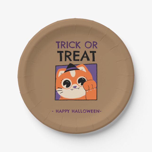 Halloween-Party, Kätzchen aus schwarzem Hut Pappteller (Vorderseite)