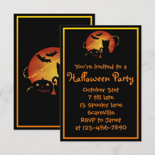 Halloween-Party-Katze Kürbis und Fledermäuse Einladung