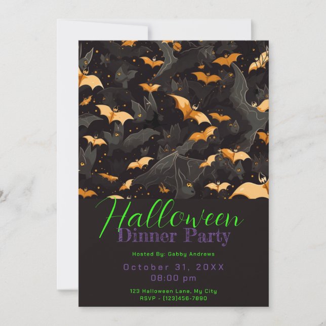 Halloween-Party mit Black and Gold Bats Einladung (Vorderseite)