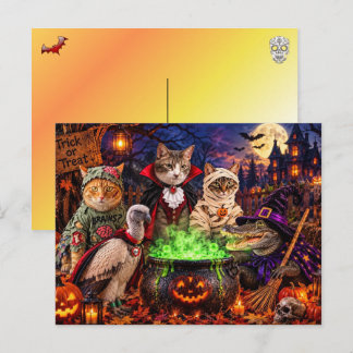 Halloween-Party mit Katze, Geier und Alligator Feiertagspostkarte