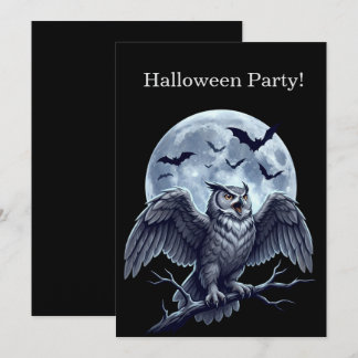 Halloween-Party Mond Graue Eule und Fledermäuse Einladung