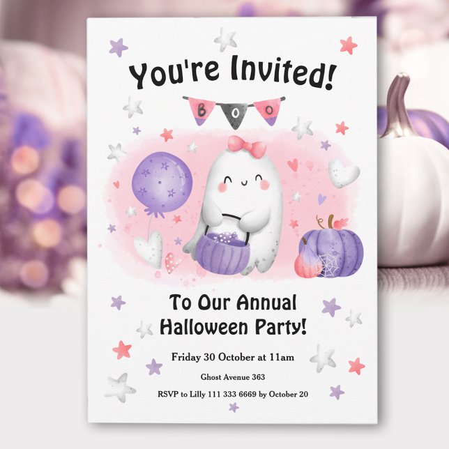 Halloween-Party Niedlich Ghost Pink Lila Kinder Einladung (Halloween Party Cute Ghost Pink Purple Kids Invitation)