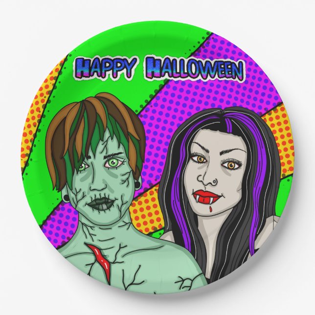 Halloween-Party | Pop Art zombie Vampire Pappteller (Vorderseite)
