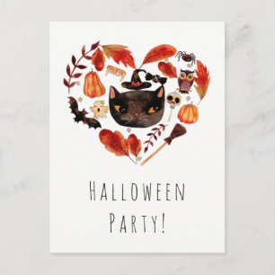 Halloween-Party Schwarze Katze Aquarell Whimsical Einladungspostkarte