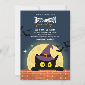 Halloween-Party Schwarze Katze Mond Fledermaus Hex Einladung