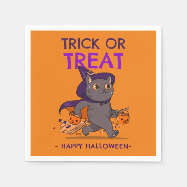 Halloween-Party Servietten, Katze mit Hexenhut Serviette (Vorderseite)