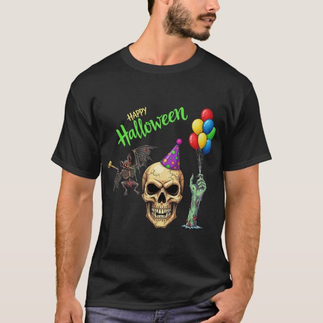 Halloween-Party Skull, Bat & Zombie T-Shirt (Vorderseite)