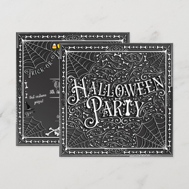 Halloween-Party Spinnennetze und Knochen Schwarz-w Einladung (Vorne/Hinten)