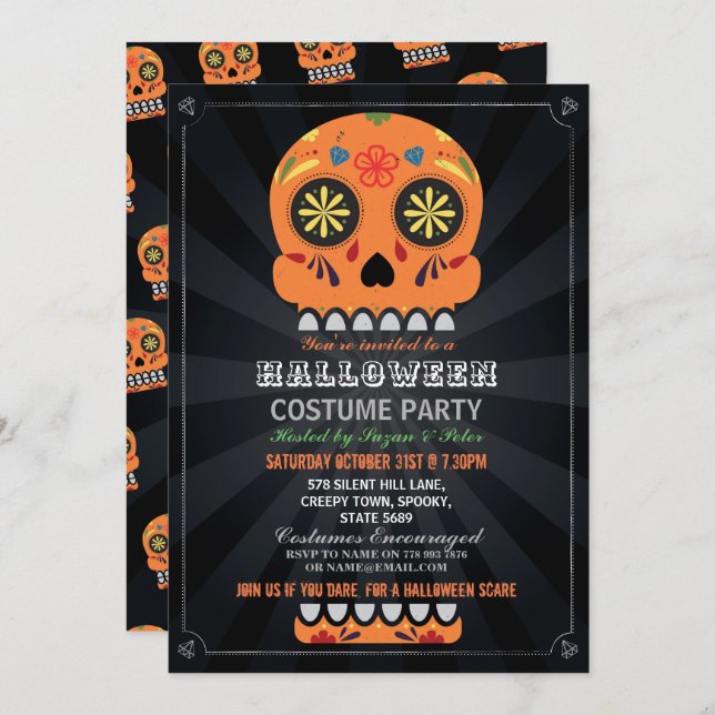 Halloween-Party Sugar Skull Oktober Orange Pumpkin Einladung (Vorne/Hinten)