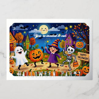 Halloween-Party - Süße Illustration & Silberne Kin Folieneinladung