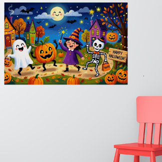 Halloween-Party - Süße Illustration & Silberne Kin Poster