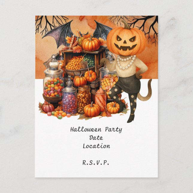 Halloween-Party TRICK ODER LECKEREIEN mit Katzenli Postkarte (Vorderseite)