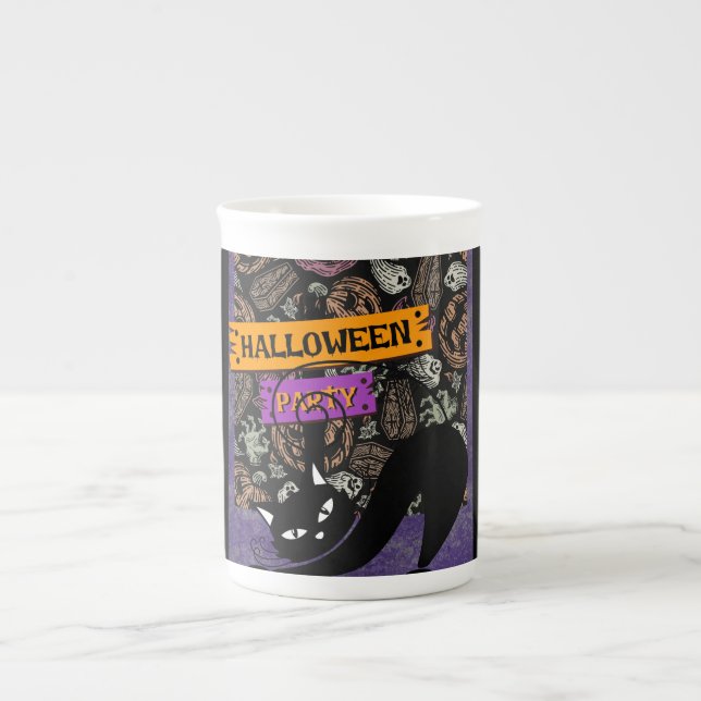 Halloween-Party und schwarze Katze Prozellantasse (Vorderseite)