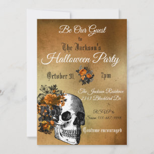 Halloween-Party Vintage-Blumen-Totenkopf Orange-Sc Einladung