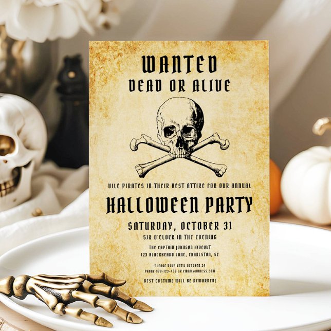 Halloween-Party von Vintagen Piratenschädel und Kn Einladung (Vintage Pirate Skull & Bones Halloween Party Invitation)