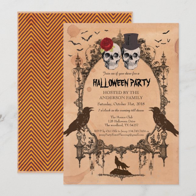 Halloween-Partyeinladung. Rustikaler Zuckerschädel Einladung (Vorne/Hinten)