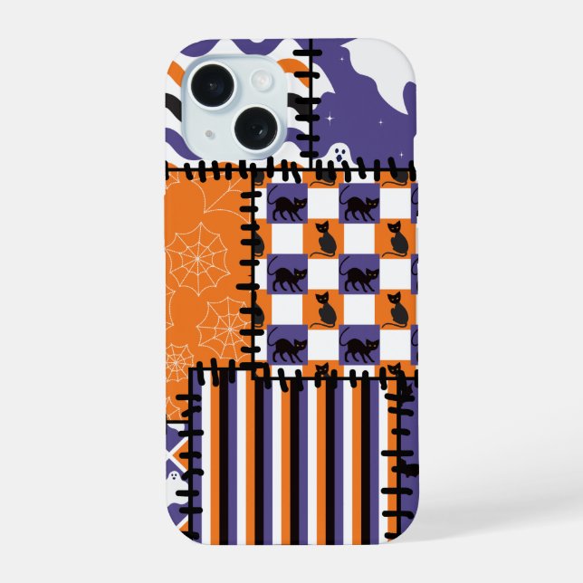Halloween Patchwork Cats Ghosts iPhone 15 Hülle (Rückseite)