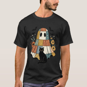 Halloween-Patchwork-Geist Schwarze Katze Florale F T-Shirt