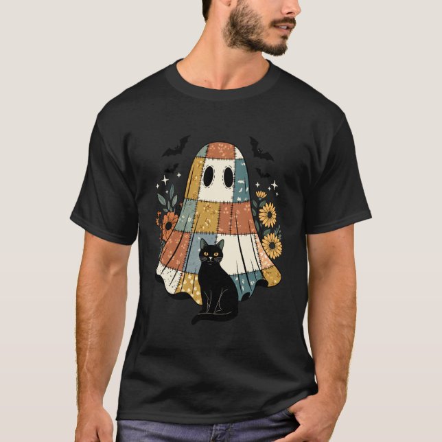 Halloween-Patchwork-Geist Schwarze Katze Florale F T-Shirt (Vorderseite)