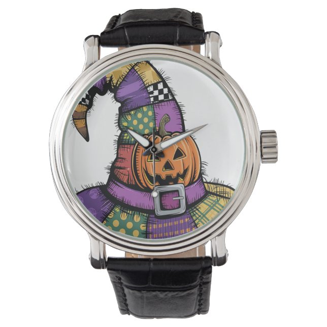 Halloween Patchwork Hexenhut Gruselig Armbanduhr (Vorderseite)