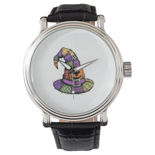 Halloween Patchwork Hexenhut Gruselig Armbanduhr (Vorderseite)