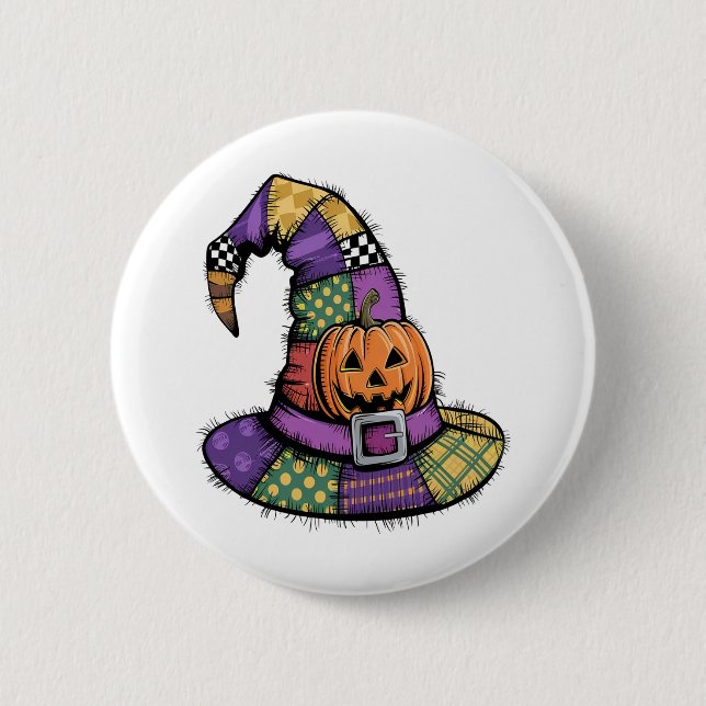Halloween Patchwork Hexenhut Gruselig Button (Vorderseite)