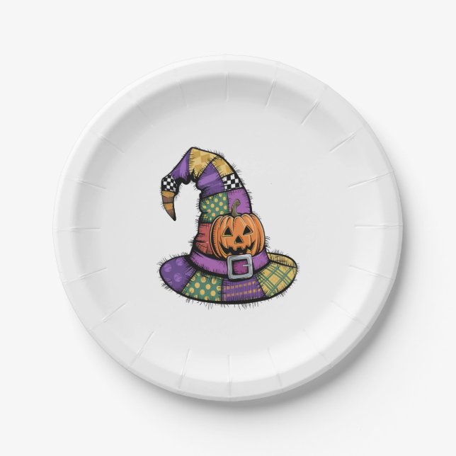 Halloween Patchwork Hexenhut Gruselig Pappteller (Vorderseite)