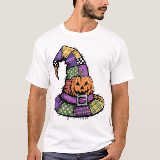 Halloween Patchwork Hexenhut Gruselig T-Shirt (Vorderseite)