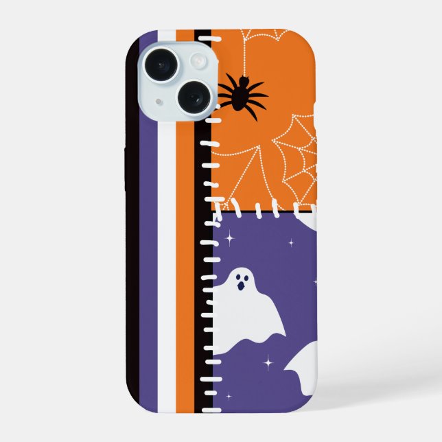 Halloween-Patchwork-Streifen-Geister iPhone 15 Hülle (Rückseite)