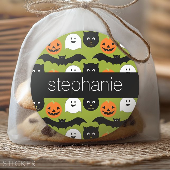 Halloween Pattern - Niedliches Bat Cat Pumpkin Gho Runder Aufkleber (Custom Sticker for Party Favors and Envelopes)
