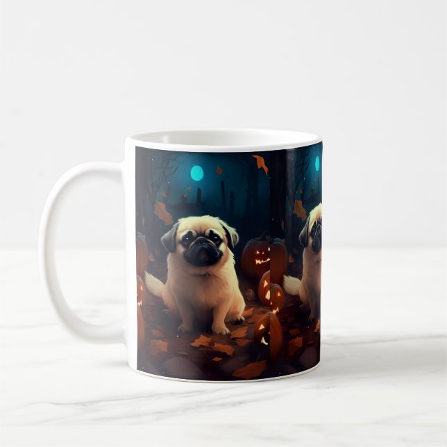 Halloween Pekingese mit Pumpkins Beängstigend Kaffeetasse (Links)