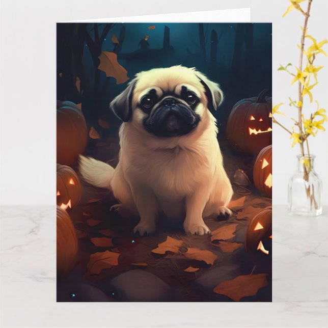 Halloween Pekingese mit Pumpkins Beängstigend Karte (Gelbe Blume)