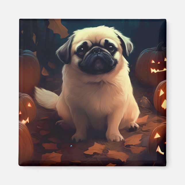 Halloween Pekingese mit Pumpkins Beängstigend Magnet (Vorne)