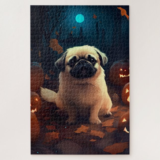 Halloween Pekingese mit Pumpkins Beängstigend Puzzle (Vertikal)