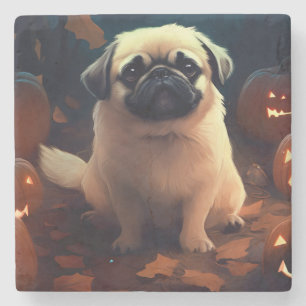 Halloween Pekingese mit Pumpkins Beängstigend Steinuntersetzer
