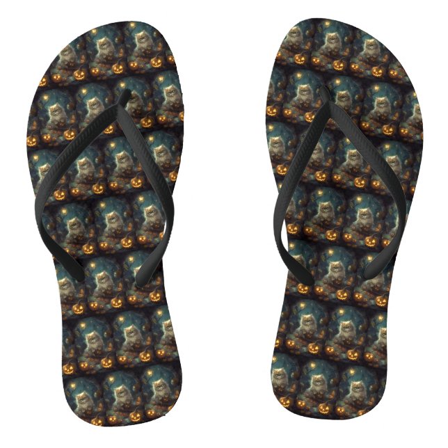 Halloween Persische Katze mit Kürbiskugeln Beängst Flip Flops (Fußbett)