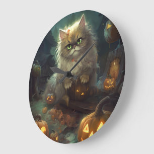 Halloween Persische Katze mit Kürbiskugeln Beängst Große Wanduhr