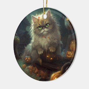 Halloween Persische Katze mit Kürbiskugeln Beängst Keramik Ornament