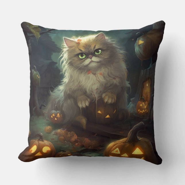 Halloween Persische Katze mit Kürbiskugeln Beängst Kissen (Vorderseite)